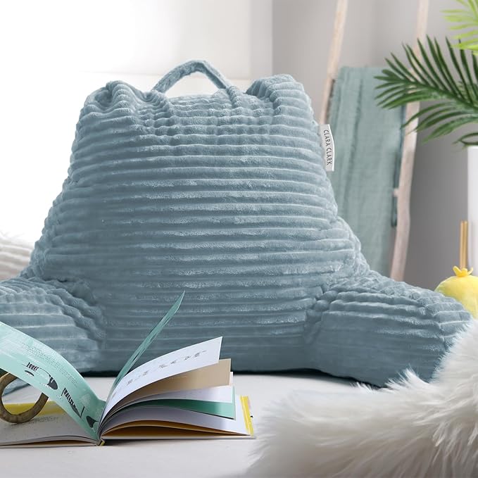 Clara Clark Reading Pillow for Bed Adult – Back Pillow for Sitting in Bed, Standard Bed Pillows for Sitting Up in Bed, Foam Bed Chair Pillow, Stone Blue Bed Rest Pillow