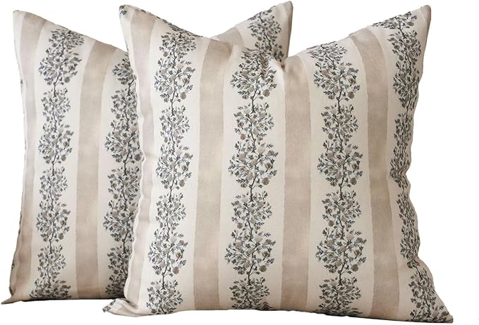 DOMVITUS Floral Throw Pillow Covers 18x18 Inch Set of 2, Block Print Decorative Pillow Covers Vintage Striped Neutral Farmhouse Boho Home Decor for Couch Sofa Bed Living Room, Neutral