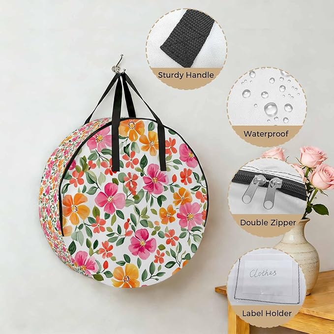 Red Yellow Floral Round Storage Bag 24 Inch, Retro Spring Leaves Flower Clothes Storage Container with Handles Heavy Duty Organizer for Comforter, Bedding & Holiday Wreaths
