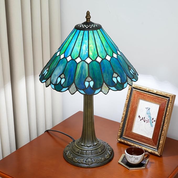 Tiffany Lamp Stained Glass lamp 12x12x18 Inches Bedside Table Lamp for Living Room Bedroom Dorm Kitchen Home Decor Festival Birthday Gift,Sea Blue