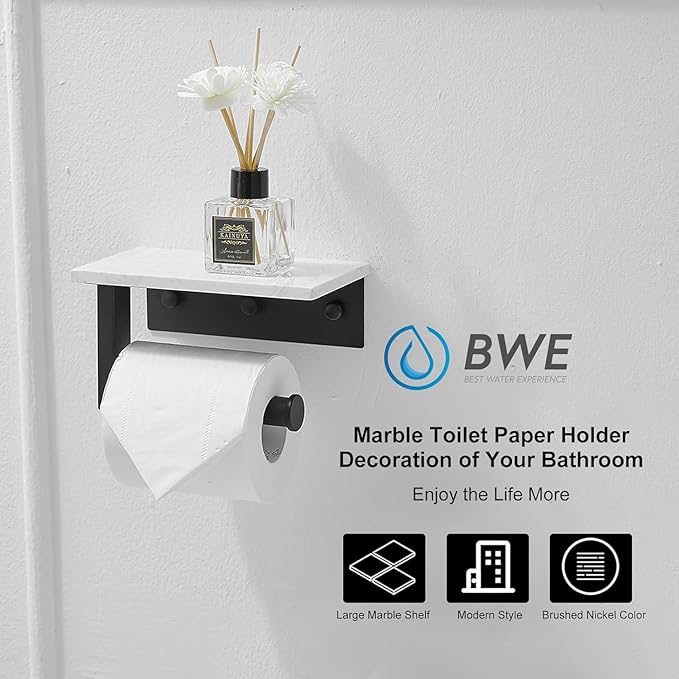 BWE Matte Black Toilet Paper Holder with Marble Shelf, Toilet Paper Roll Holder Wall Mounted, Toilet Paper Roll Holder with Phone Shelf 304 Stainless Steel Tissue Holder for Bathroom Washroom