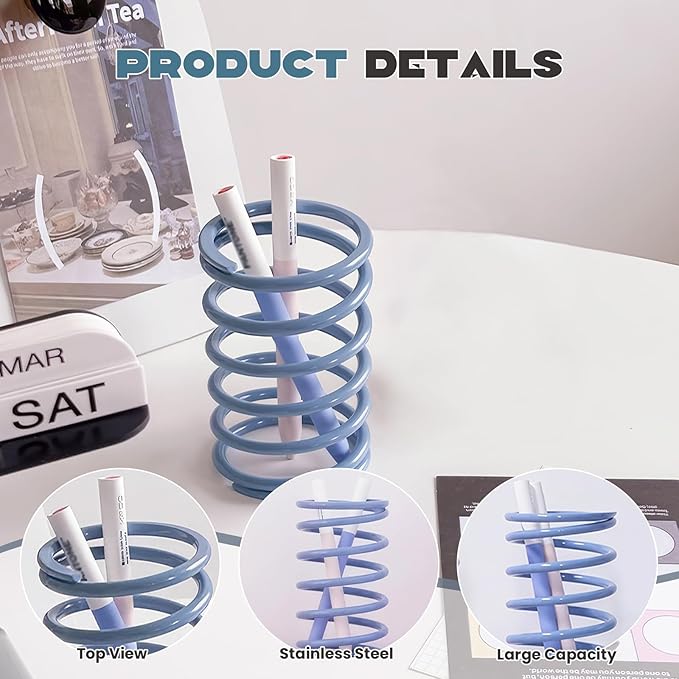 Spring Toothbrush Holder, Stainless Steel Spring Shaped Desktop Toothbrush Holder, Multifunctional Pen Holder Makeup Brush Toothbrush Storage for Bathroom Tabletop Dressing Table and Sink (Blue)