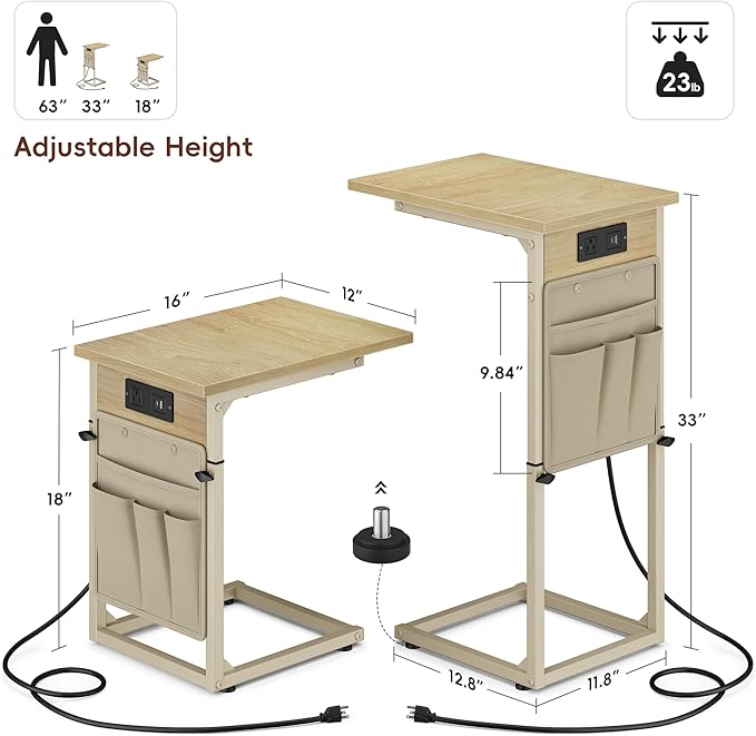 Vagusicc C Shaped End Table with Charging Station, Adjustable Height C Table End Table, Small Side Table for Couch, Couch Table Slide Under Sofa Table TV Tray Arm Table for Living Room,Bedroom,Natural