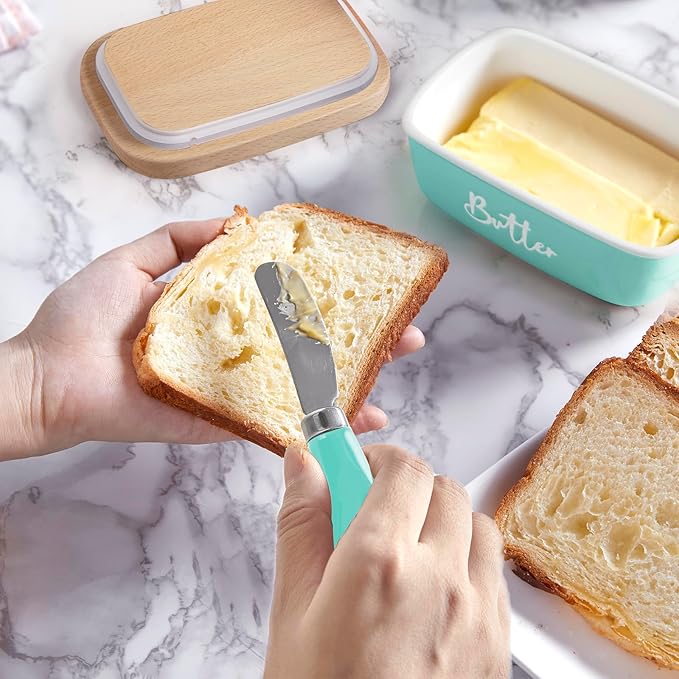 ALELION Turquoise Butter Dish with Lid and Knife for Countertop, Ceramic Butter Container with Beech Wood Lid, Airtight Butter Keeper for Counter or Fridge, for Teal Kitchen Decor and Accessories