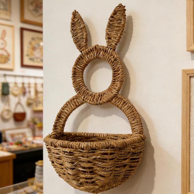 Easter Bunny Wall Basket, 15.8x7.9x3.9 Inch Natural Wicker Woven Rattan Porch Wall Pocket With Rabbit Ears, Decorative Storage Basket, Farmhouse Spring Home Decor