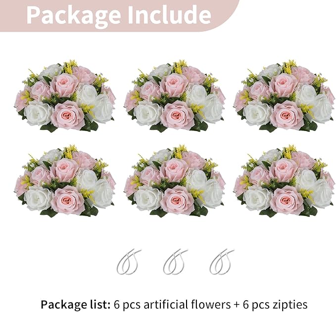NUPTIO Flower Ball Centerpieces for Tables: 6 Pcs Artificial Pink & White Rose Arrangements for Wedding Centerpiece - Faux Silk Floral Kissing Balls for Home Gender Reveal Party Mother's Day Decor