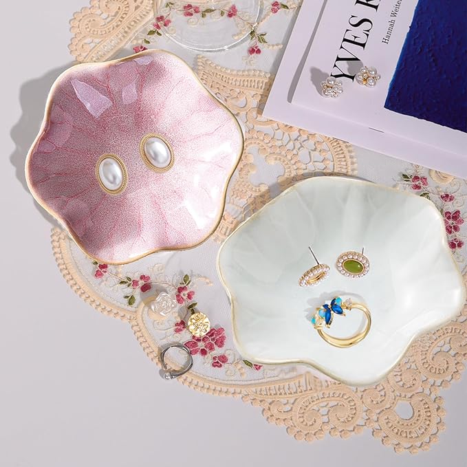 Binoster Ceramic Jewelry Dish, Jewelry Tray Key Tray,Small Ring Dish Holder Jewelry Plate Trinket Dish Catchall Tray Nightstand Decor For Table Room Decor SM (4.3 Inches, White + Pink)
