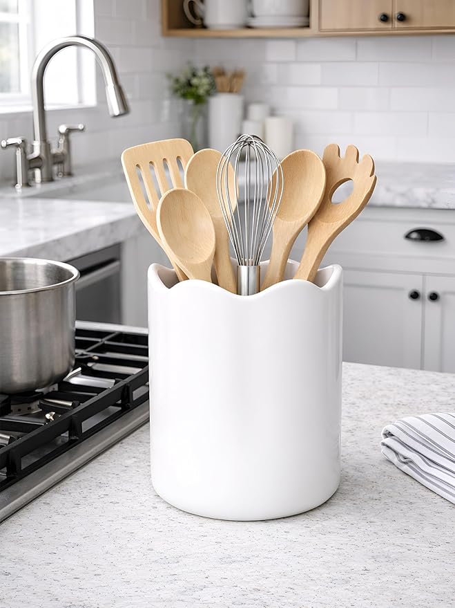 Ceramic Utensil Holder for Kitchen Counter, 7.1" Large Kitchen Utensil Holder for Countertop with Cork Bottom, Cooking Tool Organizer for Spatula, Matte White
