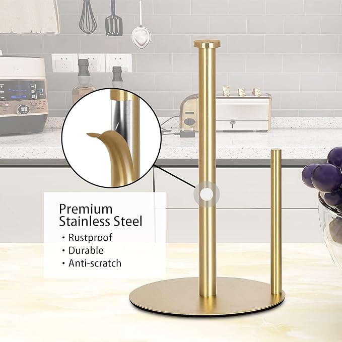OBODING Gold Countertop Paper Towel Holder, Stainless Steel, Modern Kitchen and Bathroom Organization