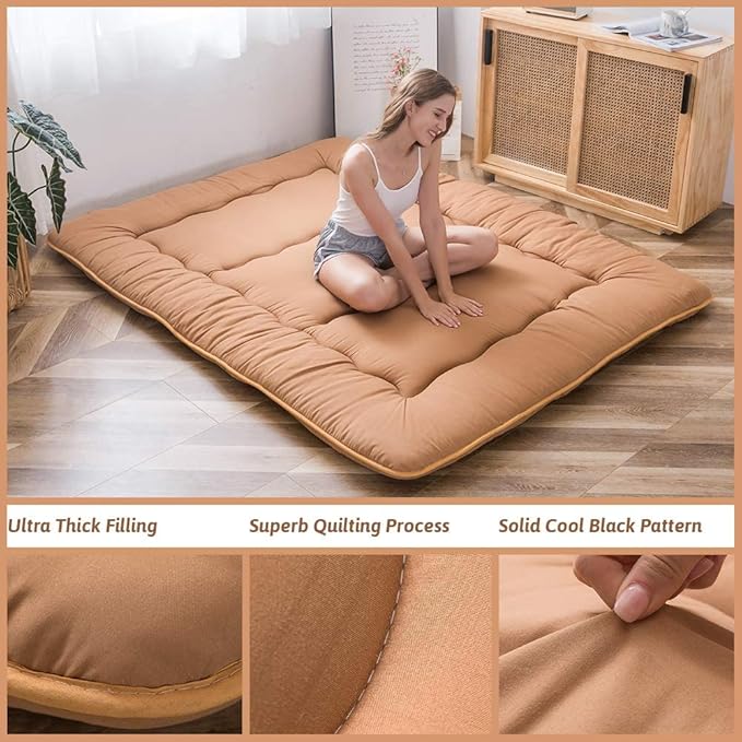 MAXYOYO Japanese Floor Mattress Futon Mattress, Thicken Tatami Mat Sleeping Pad Foldable Roll Up Mattress Boys Girls Dormitory Mattress Pad, Light Brown, Queen Size