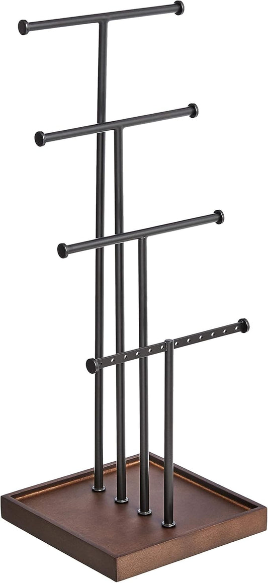 Amazon Basics Four-Tier Jewelry Organizer Tree Stand, Necklace Earring Bracelet Holder with Ring Storage, Walnut/Black