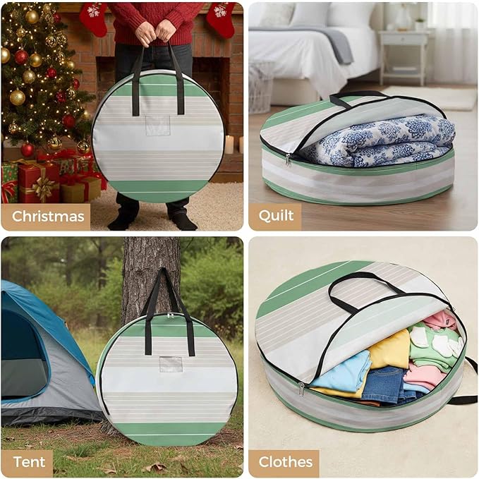 Storage Bag Cream Striped Round Storage Totes Bins Closet Organizers with Zippers & Handle Ombre Green Stripes Clothes Storage Container for Bedroom Dorm Space Saving Packing Supplies Moving Bags