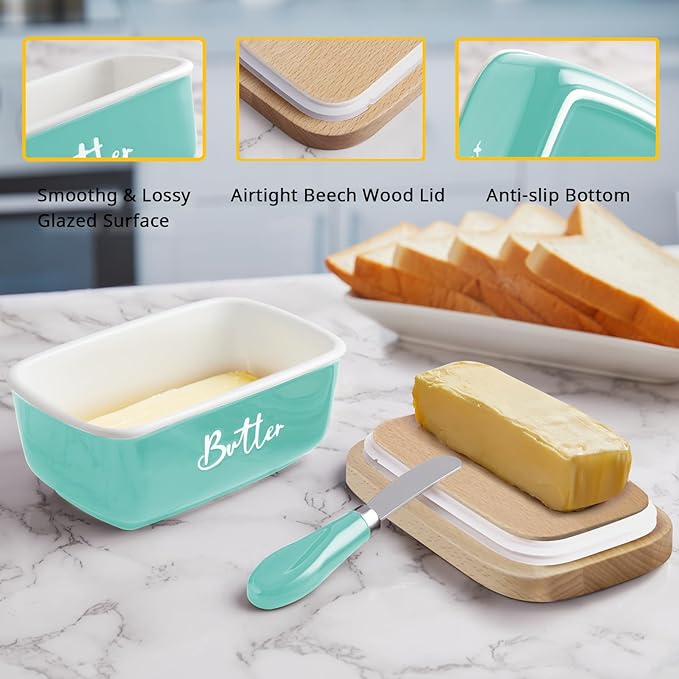 ALELION Turquoise Butter Dish with Lid and Knife for Countertop, Ceramic Butter Container with Beech Wood Lid, Airtight Butter Keeper for Counter or Fridge, for Teal Kitchen Decor and Accessories