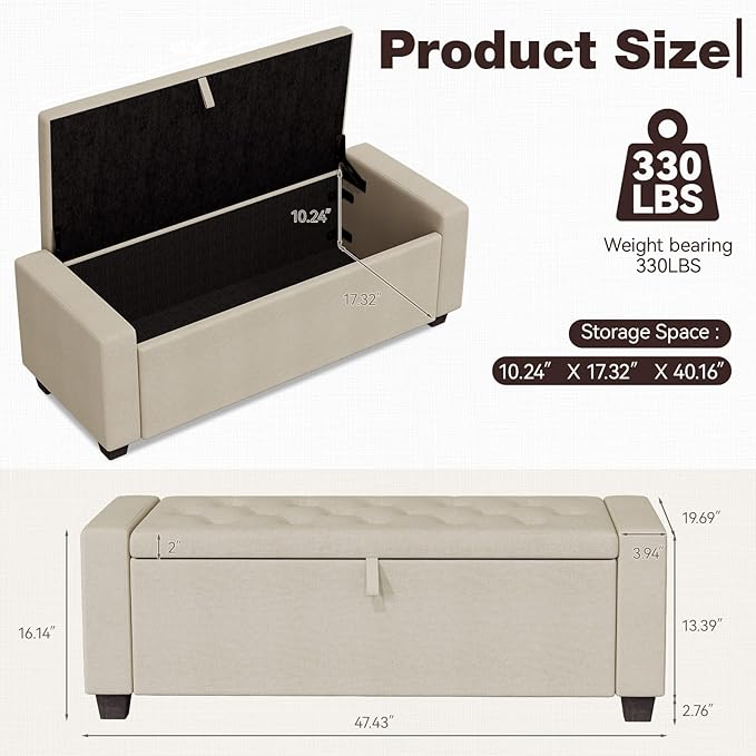 Storage Ottoman Bench, 50" End of Bed Bench with Legs,Storage Chest with Safety Hinge, Modern Entryway Benchs for Living Room, Bedroom, Entryway, Beige