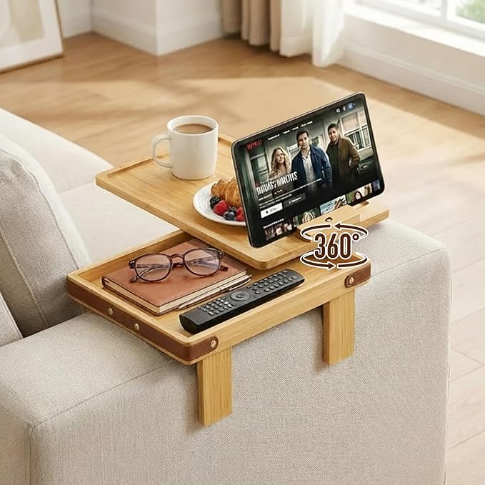 Sofa Armrest Tray with Bamboo - 5.5" - 9.8" Adjustable Couch Arm Table with 360° Rotating Phone Holder and Hidden Storage Compartment for Snacks, Drinks, Remote (Natural)
