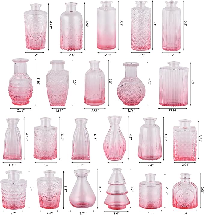 RUCKAE Flower Vase in Bulk 22 Glass Bud Vases Vintage Small Vases for Centerpiece Table Wedding Decorations Home Decor Party (Gradient Pink 22 Pack)