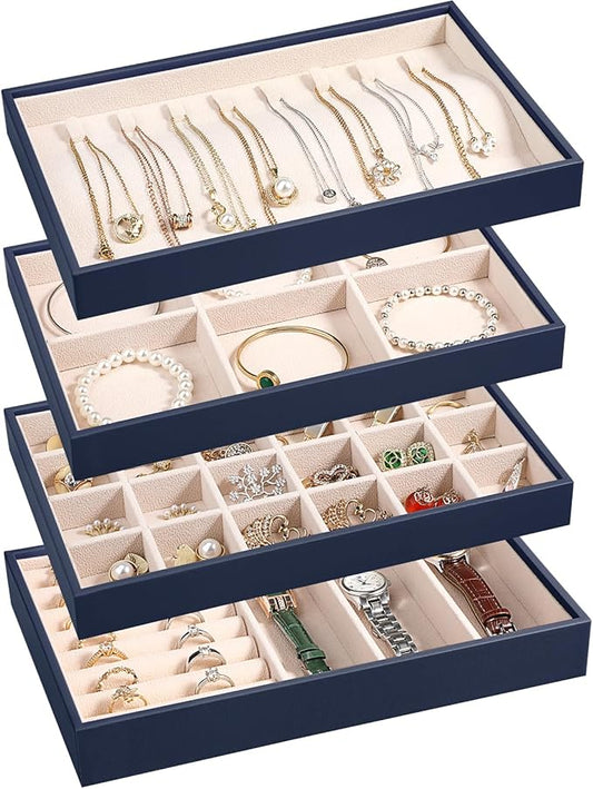 LANDICI Stackable Jewelry Organizer Trays 4 Set,PU Leather Jewelry Organizer Drawer,Jewelry Storage Display Tray for Earring Necklace Rings Bracelet with Removable Dividers,Dark Blue