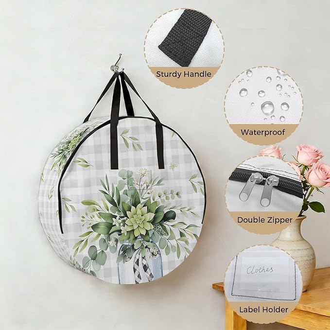 Storage Bag Eucalyptus Leaves Vase Round Storage Totes Bins Closet Organizers with Zippers & Handle Green Leaf Floral Grey Plaid Clothes Storage Container for Bedroom Space Saving Packing Supplies