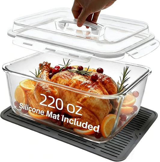 220oz/6500ml/28cup Extra Large Glass Storage Containers with Airtight Lid - Borosilicate Large Glass Food Storage for Rotisserie Chicken, Turkey - XL Big Glass Soup Bowls Freezer to Oven Safe