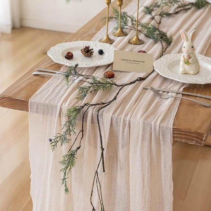 Keketoarrange Beige Spring Easter Cheesecloth Table Runner Gauze Rustic 120 Inch 10 FT for Wedding Baby Shower Bridal Shower Birthday Engagement Garden Party Long Sheer Boho Home Decorations