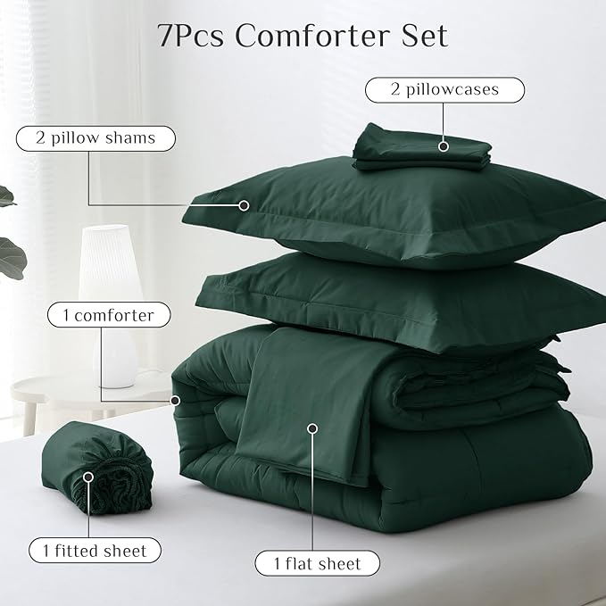 JOLLYVOGUE Full Comforter Set, Ultra-Soft Bed in a Bag Full Size 7 Pieces, Oeko-TEX Certified Bedding Set with Down Alternative Comforter, Sheets, Pillowcases & Shams, Emerald Green