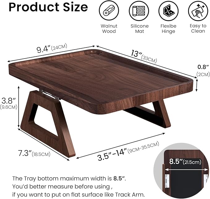 Walnut Wood Couch Arm Tray,Couch Trays,Folding Sofa Armrest Tray,Couch Arm Table Clip-On Couch Desk for Drinks, Snacks,Phone,Remote Control