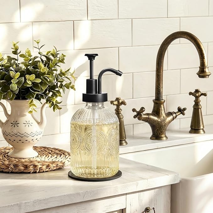 SheeChung 12Oz Vintage Glass Bathroom Soap Dispenser, Kitchen Dish Soap Dispenser with Pump, Refillable Liquid Hand Soap Bottle, Lotion, Antique Rustic Farmhouse Decor (Clear-Black Pump, 2 Pack)