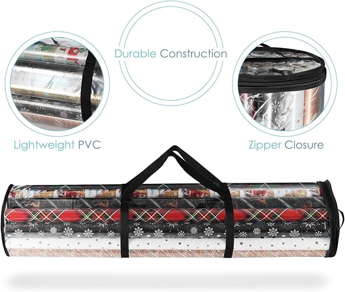 Hearth & Harbor Wrapping Paper Storage Container - Clear Wrapping Paper Holder Fits Up To 14 Rolls of 40" - Tear Proof Gift Wrapping Organizer Storage - Premium Christmas Storage Bag For Easy Carrying