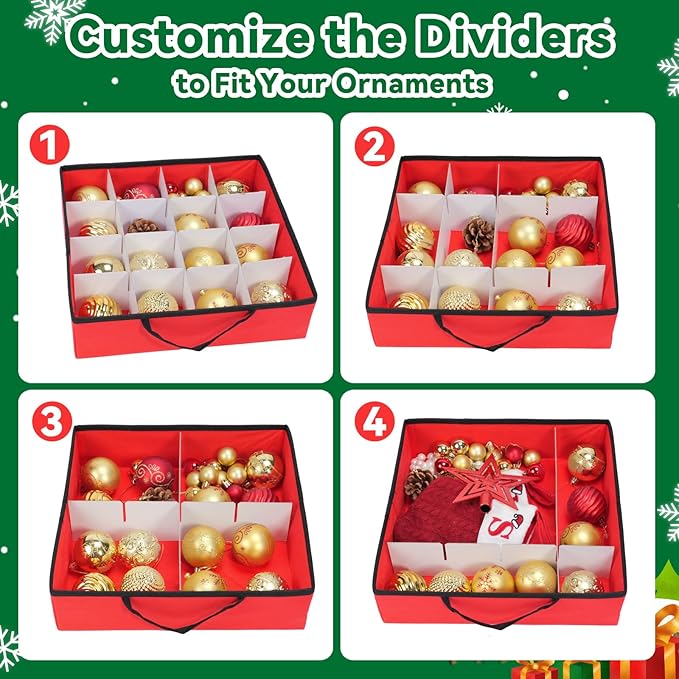 Christmas Ornament Storage Box, Ornament Storage Container with 8 Trays, Xmas Decoration Organizer Holds Up to 128 Decoration Balls, Durable 600D Oxford Material（Red）