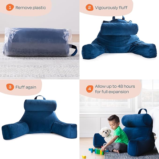 Linenspa Reading Pillow with Shredded Memory Foam- X-Large Size with Neck Support - Back Pillow for Sitting in Bed, Reading, Gaming, Watching TV – Bed Chair with Arms, Dorm Room Essentials, Navy