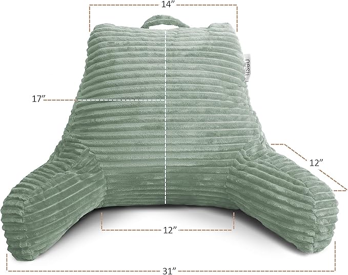 Nestl Sage Green Reading Pillow with Bed Desk for Laptop and Writing, Luxe Cut Plush Back Pillow for Sitting Up, Back and Arms Adjustable Support for Adult and Teens, Foldable Lap Desk for Bed 22x14”