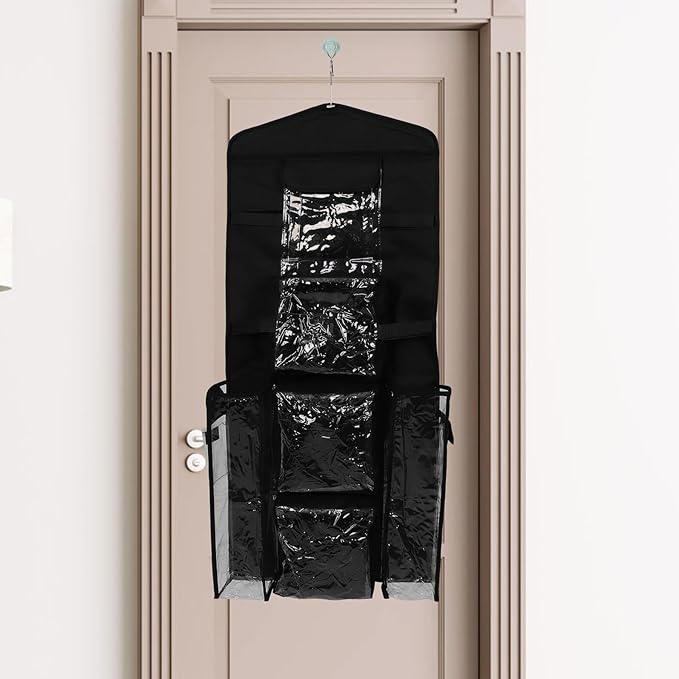 Hanging Wrap Storage Bag with Pockets, Over-The-Door Closet Organizer, Heavy-Duty Black Oxford Fabric, Wall-Mounted Wrapping Paper Holder for Home Packaging