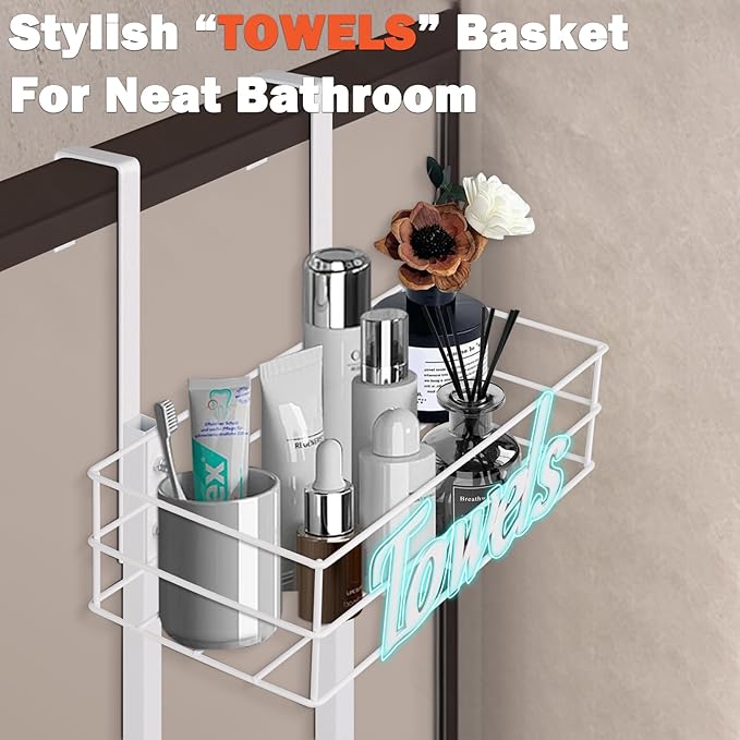 HarJue Over The Door Towel Racks, No Drill Towel Storage with Basket & Hooks, Space-Saving Multi-Functional Towel Holder for Bathrooms, bedrooms, Apartments, RVs (White, 5 Tier)