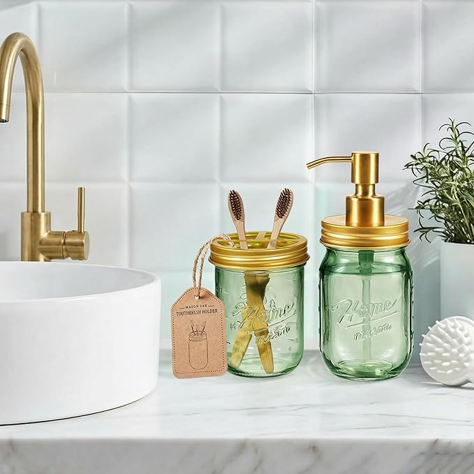 SheeChung Mason Jar Toothbrush Holder, Green Glass Toothbrush Holder for Bathroom Countertop Organizer, Stainless Steel Lid, Electric Toothbrush Toothpaste Holder Storage, Gold Bathroom Accessories