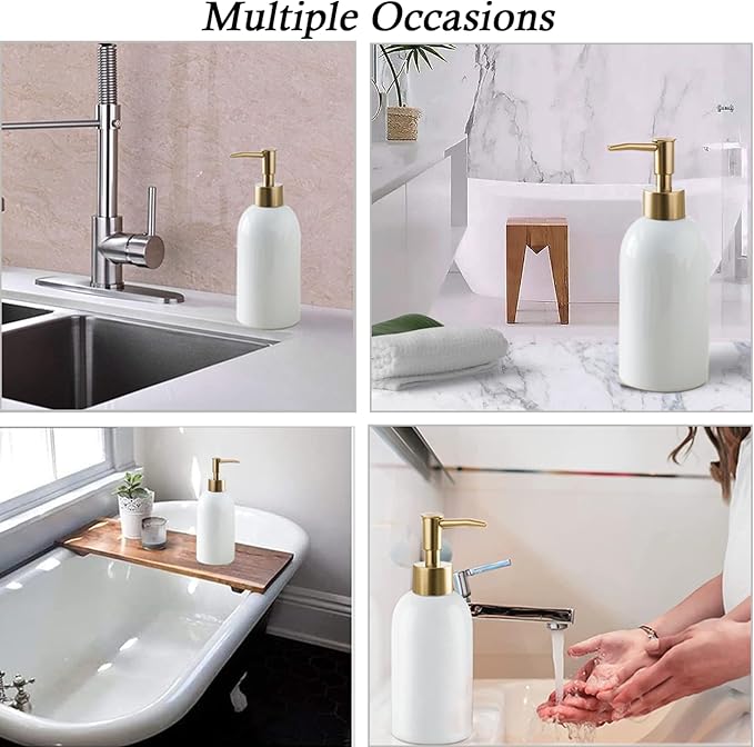 Ceramic Soap Dispenser White with Gold Pump,Simple Design Cylindrical Lotion Dispenser Bottle,Refillable Liquid Hand Soap Dispenser for Kitchen,Bathroom,Washroom