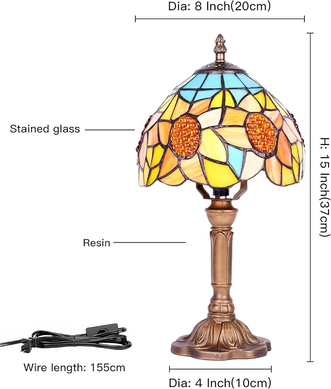 Sunflower Tiffany Style Table Lamp with LED Bulb, 8 Inch Handmade Stained Glass Light, Antique Desk & Bedside Lamp for Living Room, Bedroom, Study, Art Decor Gift
