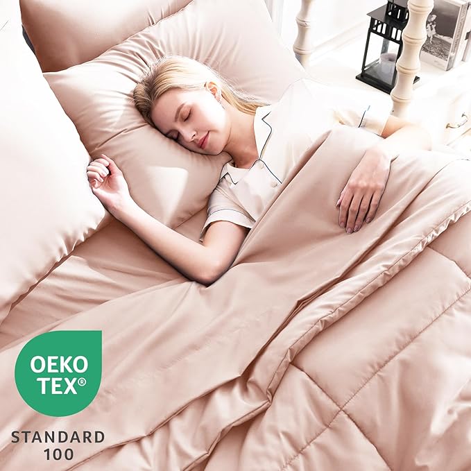 CozyLux Queen Comforter Set Blush Pink, 7 Pieces Bed in a Bag, Pink Comforters Queen Size, All Season Bedding Sets with Stitch Quilted Comforter, Flat Sheet, Fitted Sheet, Pillowcases
