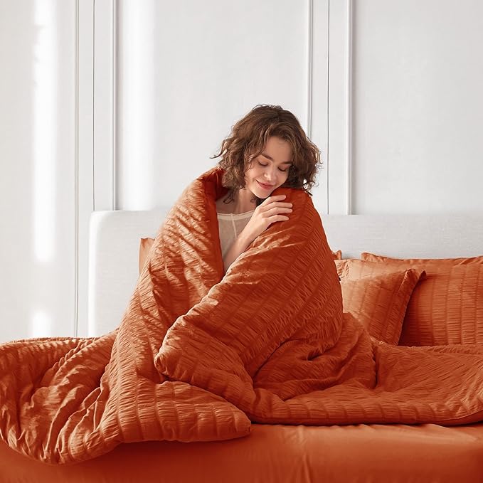 MUXHOMO 5 Pieces Twin XL Comforter Set, Seersucker Bed in a Bag Twin XL Size, All Season Luxury Bedding Set with Comforter, Flat Sheet, Fitted Sheet, Pillowcase & Sham, Burnt Orange