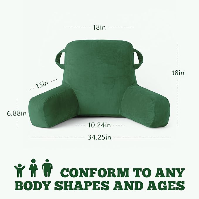 Unisakey Portable Comfy Reading Pillows for Bed Sitting Up(Green Oeko-Tex), Velvet Back Pillow with Arms & Pockets for Adults, Support Memory Foam Bed Pillow for Dorm/Reading/Watching/Gaming