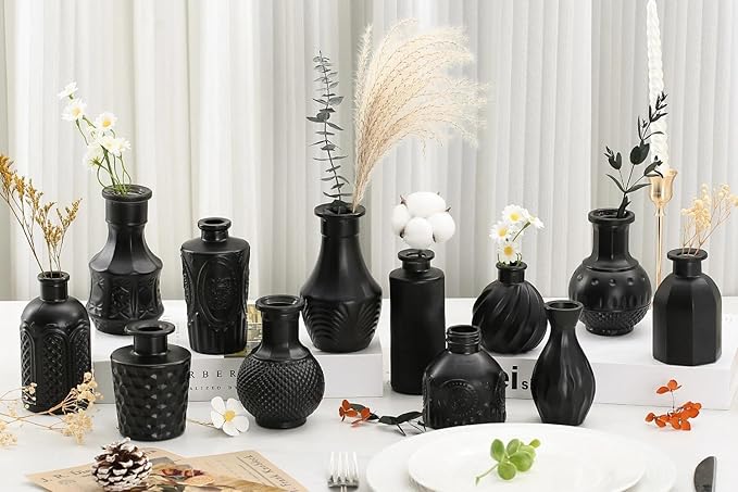 Mini Bud Vases As Wedding Centerpieces for Tables,Clear Bud Vases for Flowers,Small Flower Vases Suitable for Birthday Party,Anniversary,Wedding Reception,Baby Shower (Matt Black, 12PCS)
