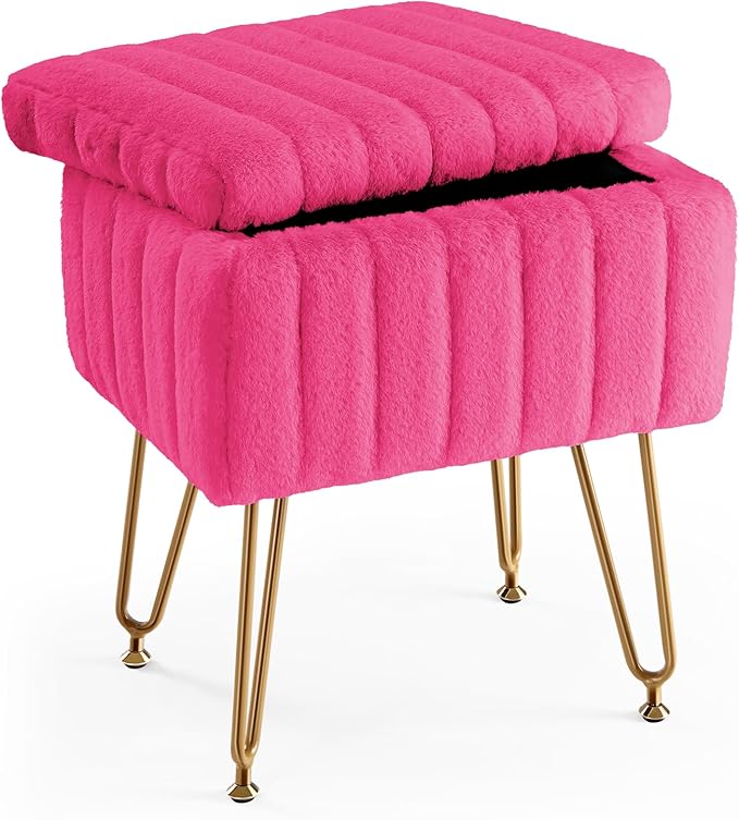 DUMOS Vanity Stool Chair, Ottoman with Storage, Makeup Cute Soft Small Footstool, Modern Style Faux Fur Seat with 4 Metal Legs & Adjustable Feet for Dressing, Living Room, Bedroom, Dorm, Red