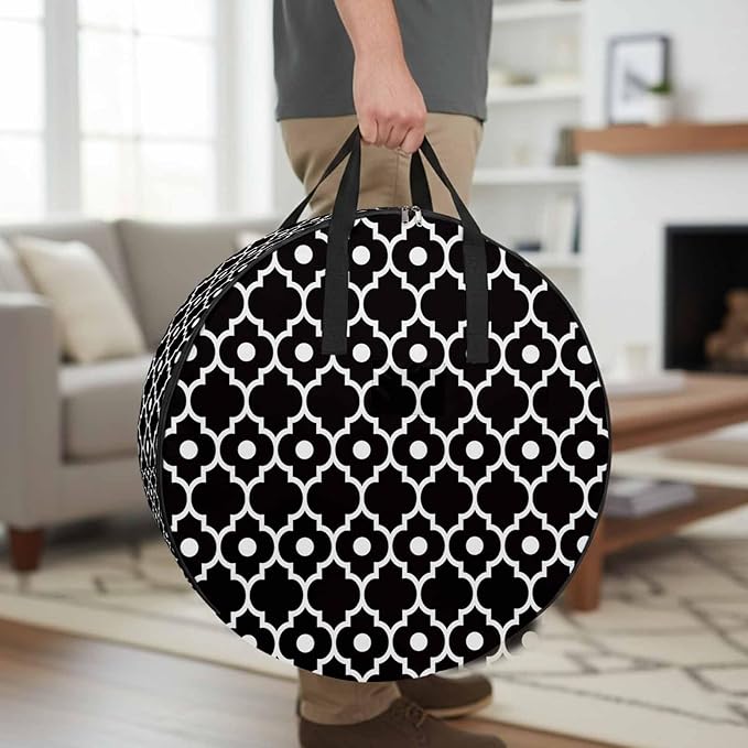 Storage Bag Retro Moroccan Design Round Storage Totes Bins Closet Organizers with Zippers & Handle Black Geometric Pattern Clothes Storage Container for Bedroom Dorm Space Saving Packing Supplies Bags