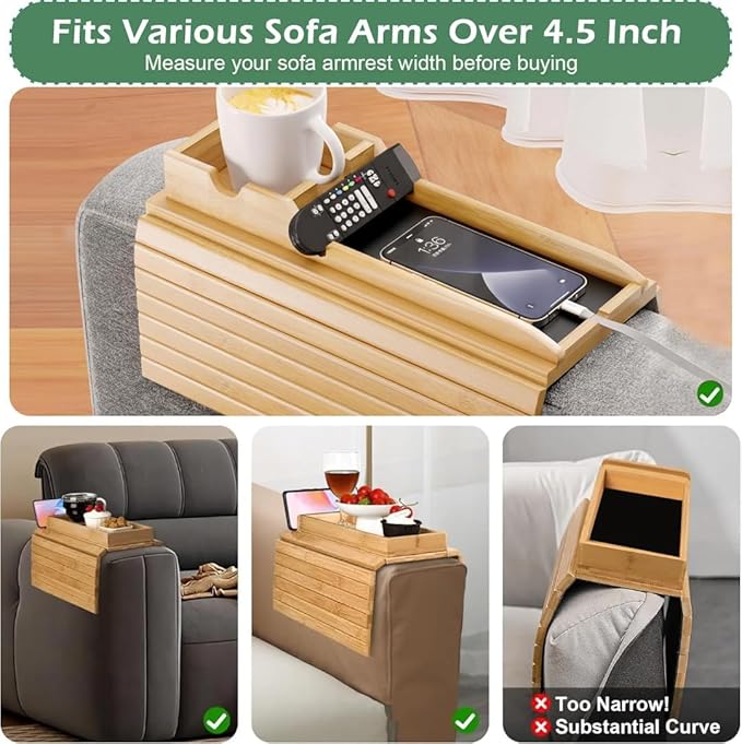 Bamboo Sofa Arm Tray Table with Detachable Couch Cup Holder - Fit for 4.5 Inches Wide Arms, Foldable Nonslip Sofa Armrest Tray for Drink, Snacks & Cell-Phone, TV-Remote – Space-Saving 17.7"x12.8"
