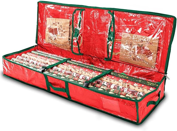Wrapping Paper Organizer Storage Container,Christmas Storage Organizer,Xmas Gift Wrap Organizer With Pockets,Under Bed Storage Bag,Supplies Pockets for Xmas Accessories (Red)