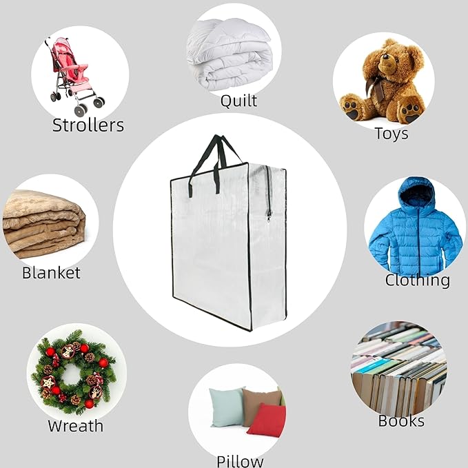 5 Pack Clear Wreath Storage Bag – 26 Inch Square Holiday Garland Organizer with Zipper and Handles – Multi-Purpose Clear Tote for Christmas Decor, Bedding, Clothes, College Moving Supplies