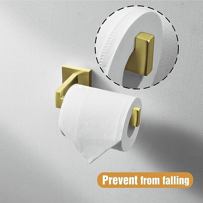 HITSLAM Brushed Gold Brass Toilet Paper Holder Wall Mount Premium 304 Stainless Steel Square Toilet Paper Roll Holder for Bathroom Rustproof