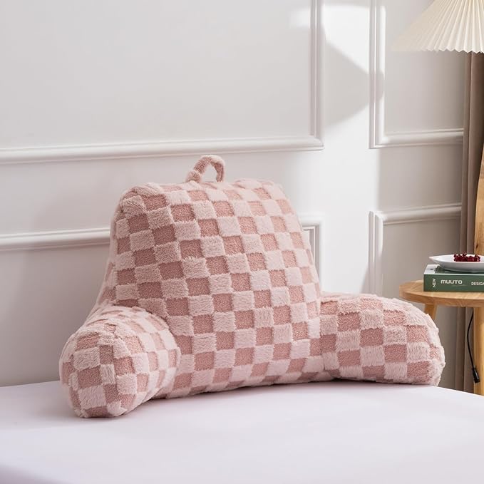A Nice Night Faux Fur Reading Pillow,Checkered Fluffy Grid Plaid,Bed Wedge Pillow Large Adult Children Backrest with Arms for Bedrest,Pink