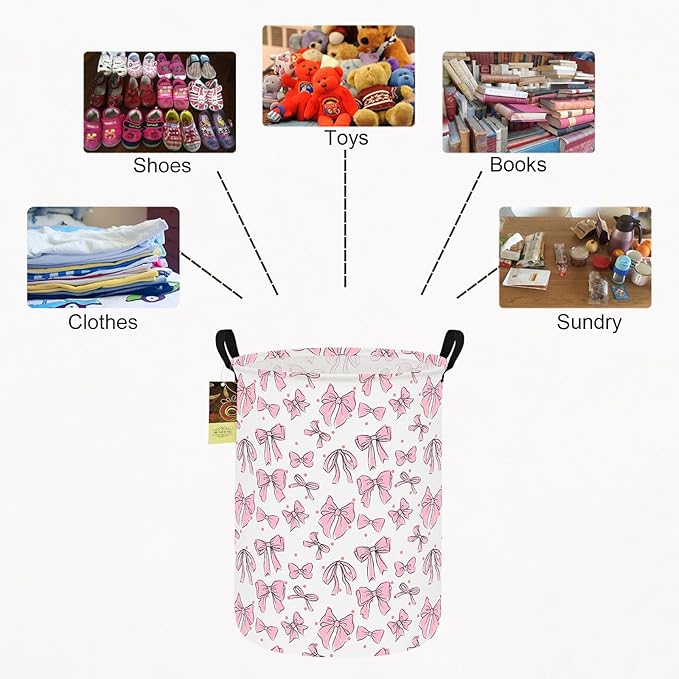 HUNRUNG Collapsible Fabric Storage Basket, Waterproof Laundry Hamper with Handles, Round Storage Bin for Clothes Toys, Foldable Organizer for Bedroom Nursery Bathroom(Round-Pink Bow)