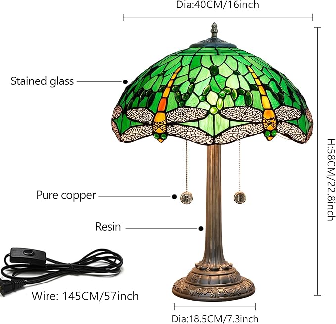 Tiffany Lamp Green Dragonfly Stained Glass Table Lamp 16X16X23 Inches Green Dragonfly Style Desk Reading Light Decor Beside Bedroom Living Room Home Festival Birthday Gift