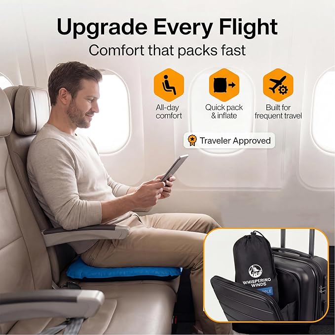 Whispering Winds Inflatable Seat Cushion - Comfortable Blow-up Foam Pad for Airplane, Travel, Stadium, Outdoors, Camping, Car & More